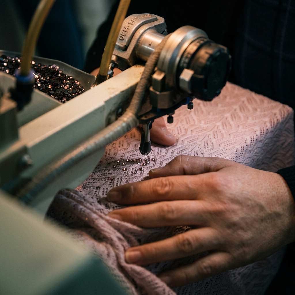 Embellishment specialist applying detail work to lace knitwear