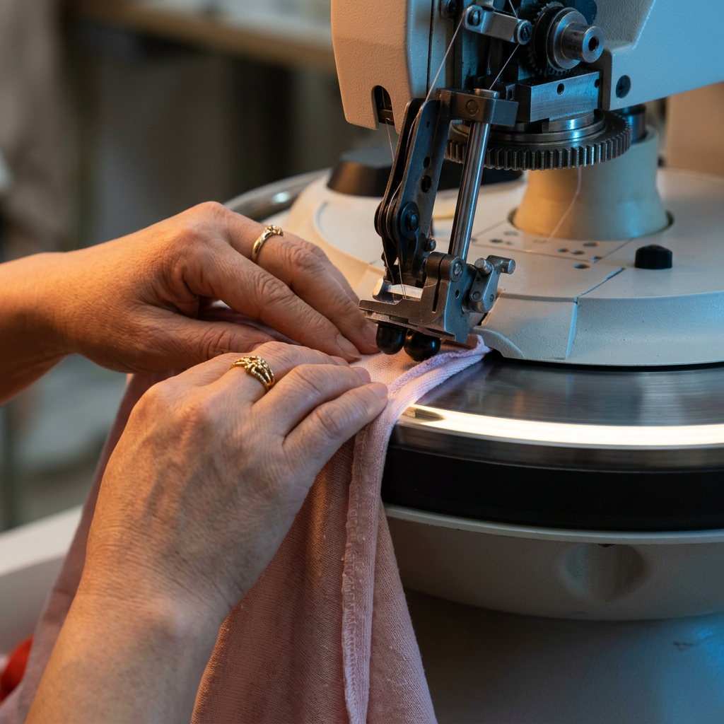 Skilled hands guiding fabric through an industrial sewing machine
